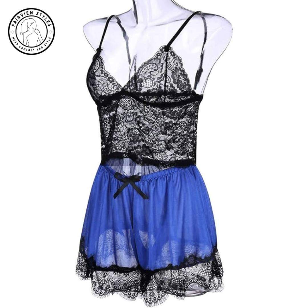 Blue Camisole Nighty Set – Sexy Net Top with Short Skirt | BelleNisa
